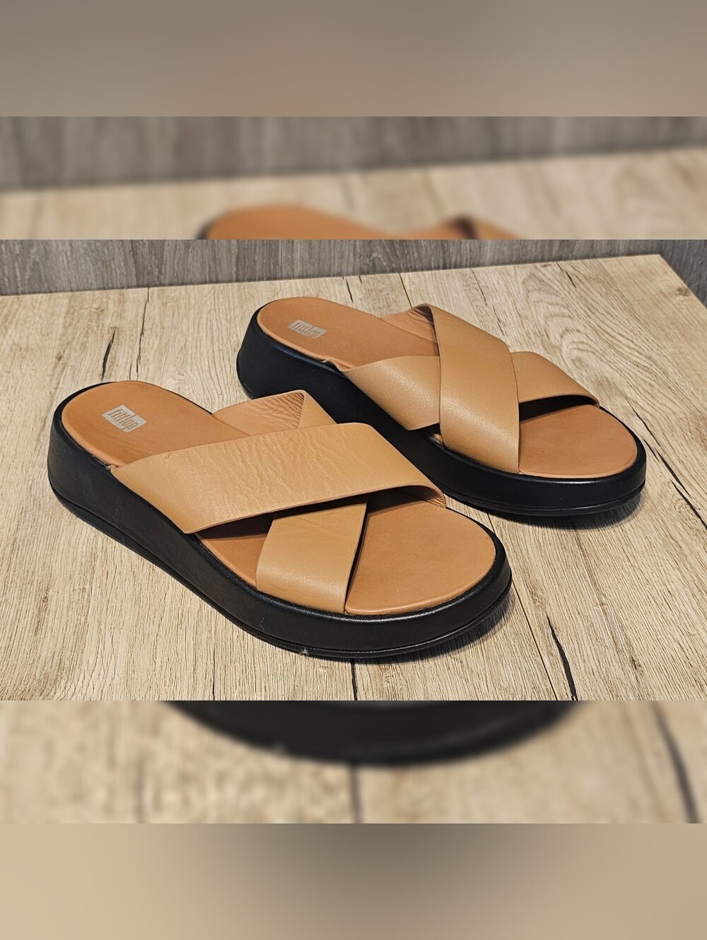 Fitflop F-Mode Brown Leather Flatform Cross Strap Sandals